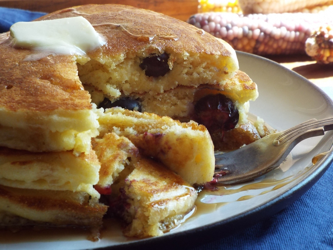 Blueberry Cornmeal Pancakes with Cinnamon Syrup recipe