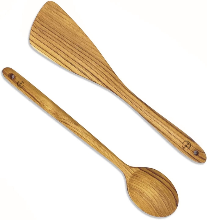 FAAY two-piece teak utensil set with flat spoon and angled spatula