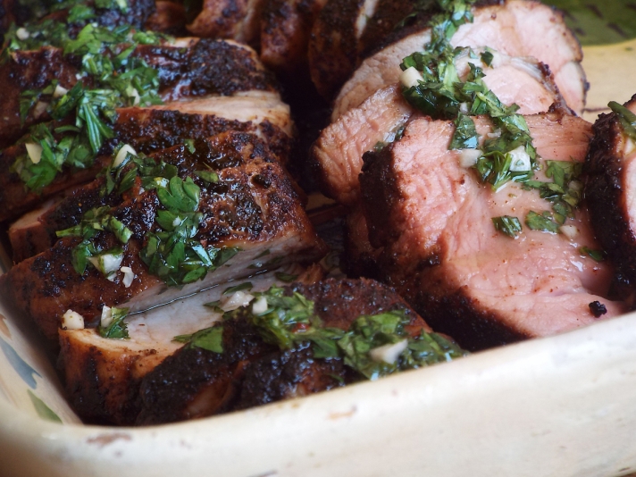 Ancho-Rubbed Pork Tenderloin topped with chimichurri