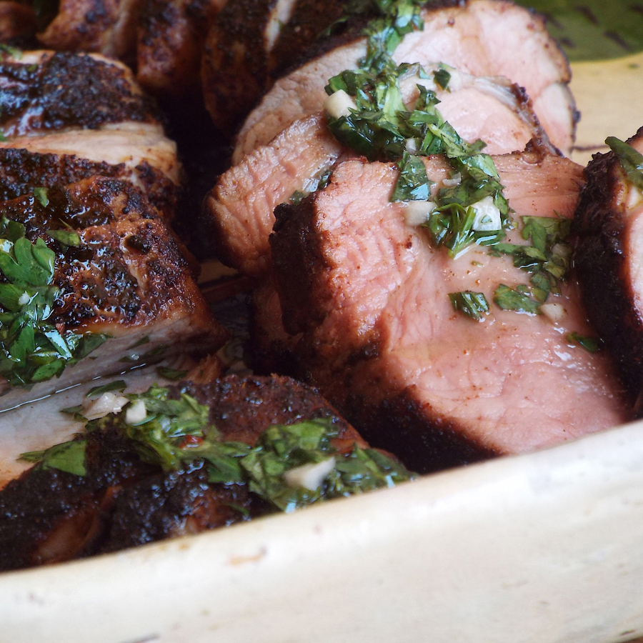 Ancho-rubbed pork tenderloin topped with chimichurri