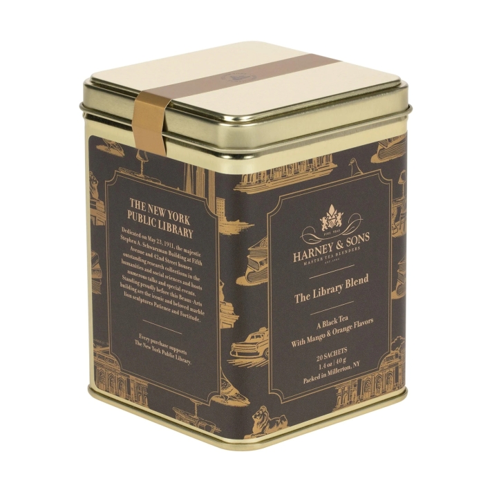 Harney & Sons Library Blend black tea in a New York Public Library tin.