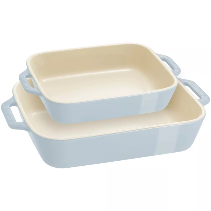 Staub 2-piece stoneware baker set in pastel blue.